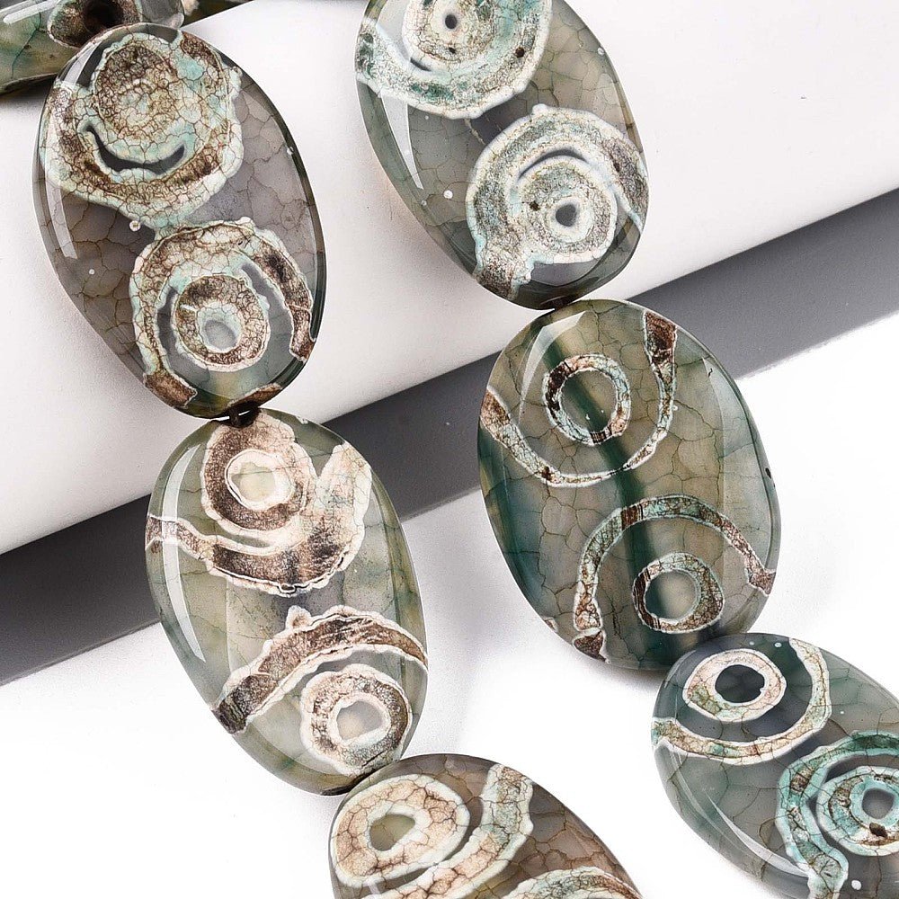 Tibetansk Agat – Flade Ovale, Mørk Grøn (30x21x6mm) - Uniq Perler -