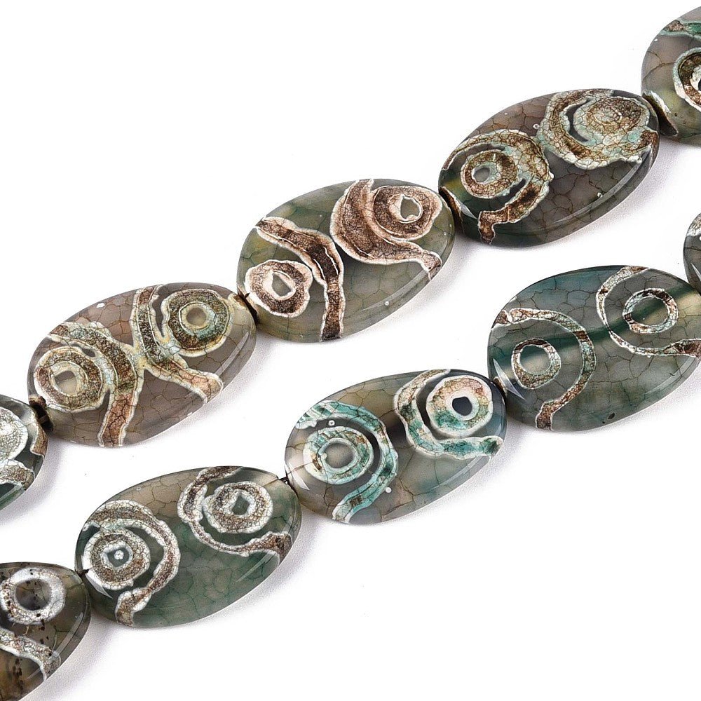 Tibetansk Agat – Flade Ovale, Mørk Grøn (30x21x6mm) - Uniq Perler -