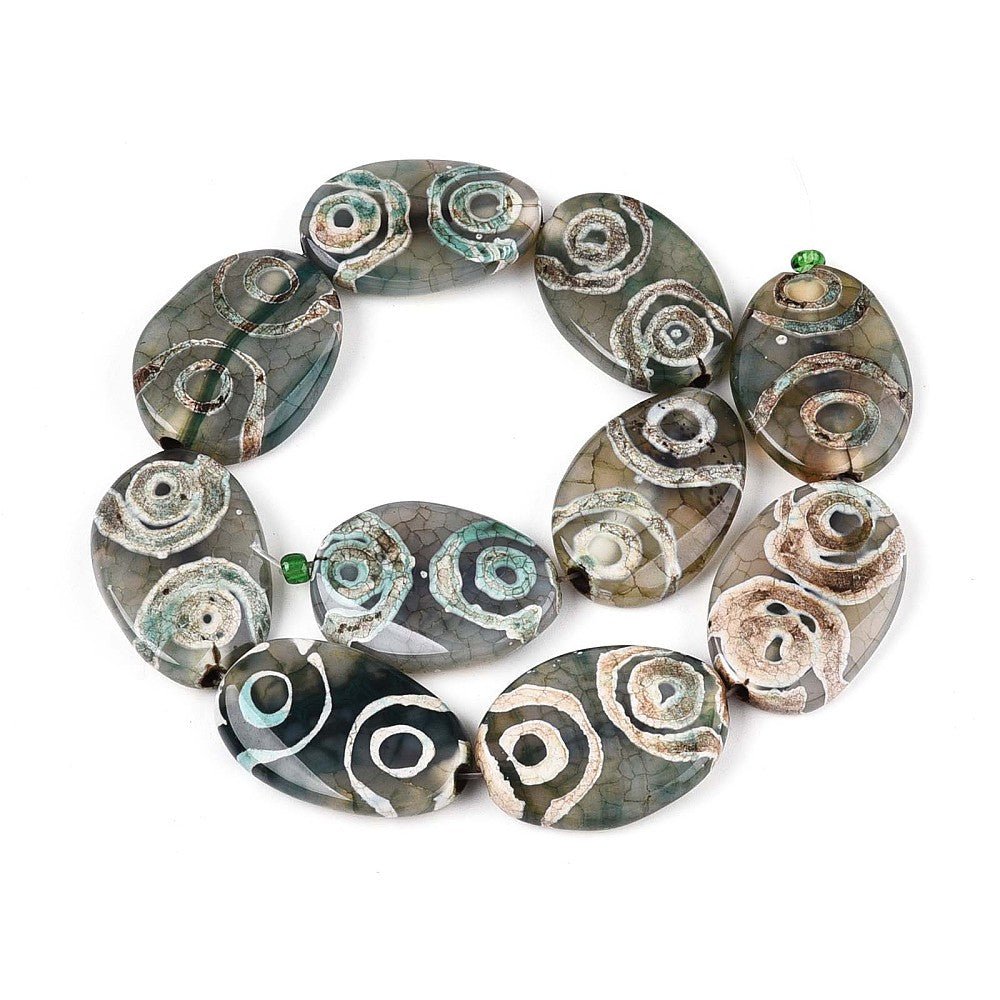 Tibetansk Agat – Flade Ovale, Mørk Grøn (30x21x6mm) - Uniq Perler -