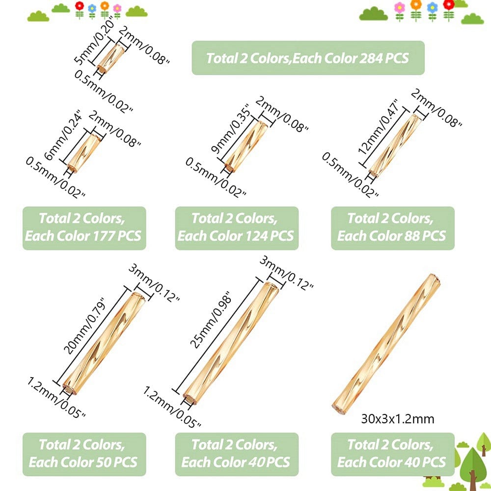 Tvistet Glas Rørperler – Mix Størrelser, Ca. 1606 Stk - Uniq Perler - 114836