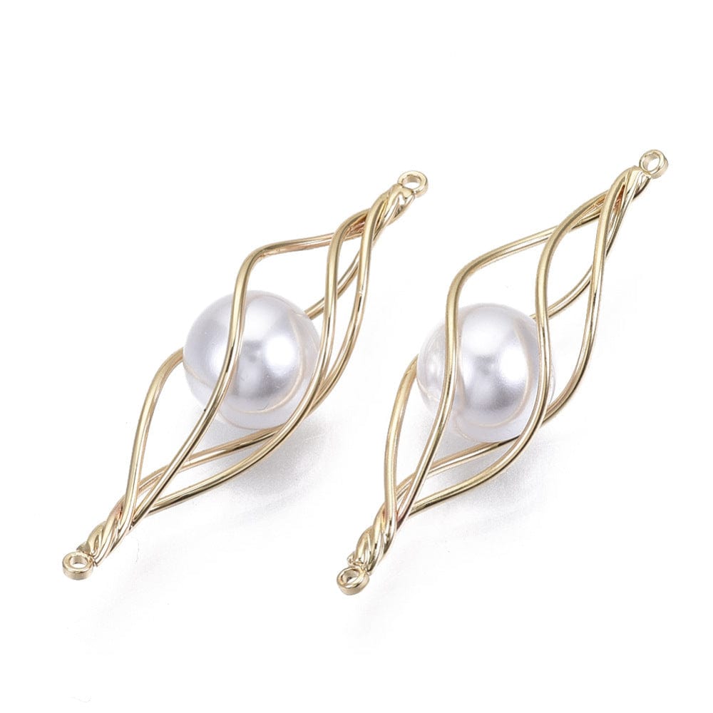 Tvistet Vedhæng Med Hvid Perle, 40x11mm, 2 stk. - Uniq Perler - 114211