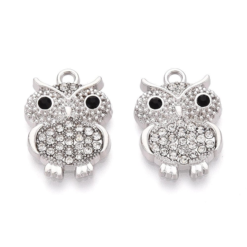 Ugle Vedhæng Med Rhinsten - Platin Farvet (19x14x3,5mm) 4 stk - Uniq Perler - 115813