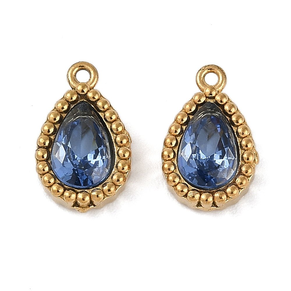Vandfast Dråbeformet Vedhæng – 18K Forgyldt Stål med Kongblå Kubiske Zirkonia (10,5x6,5x3mm) 2 stk. - Uniq Perler - 119967