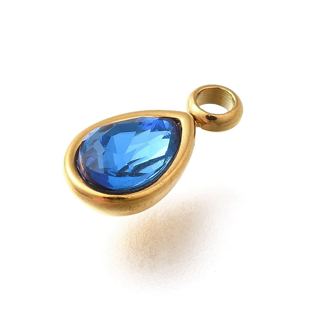 Vandfast Dråbe Vedhæng Med Blå Zirkonia – Forgyldt Stål (10,5x5,5mm) - Uniq Perler - 114552