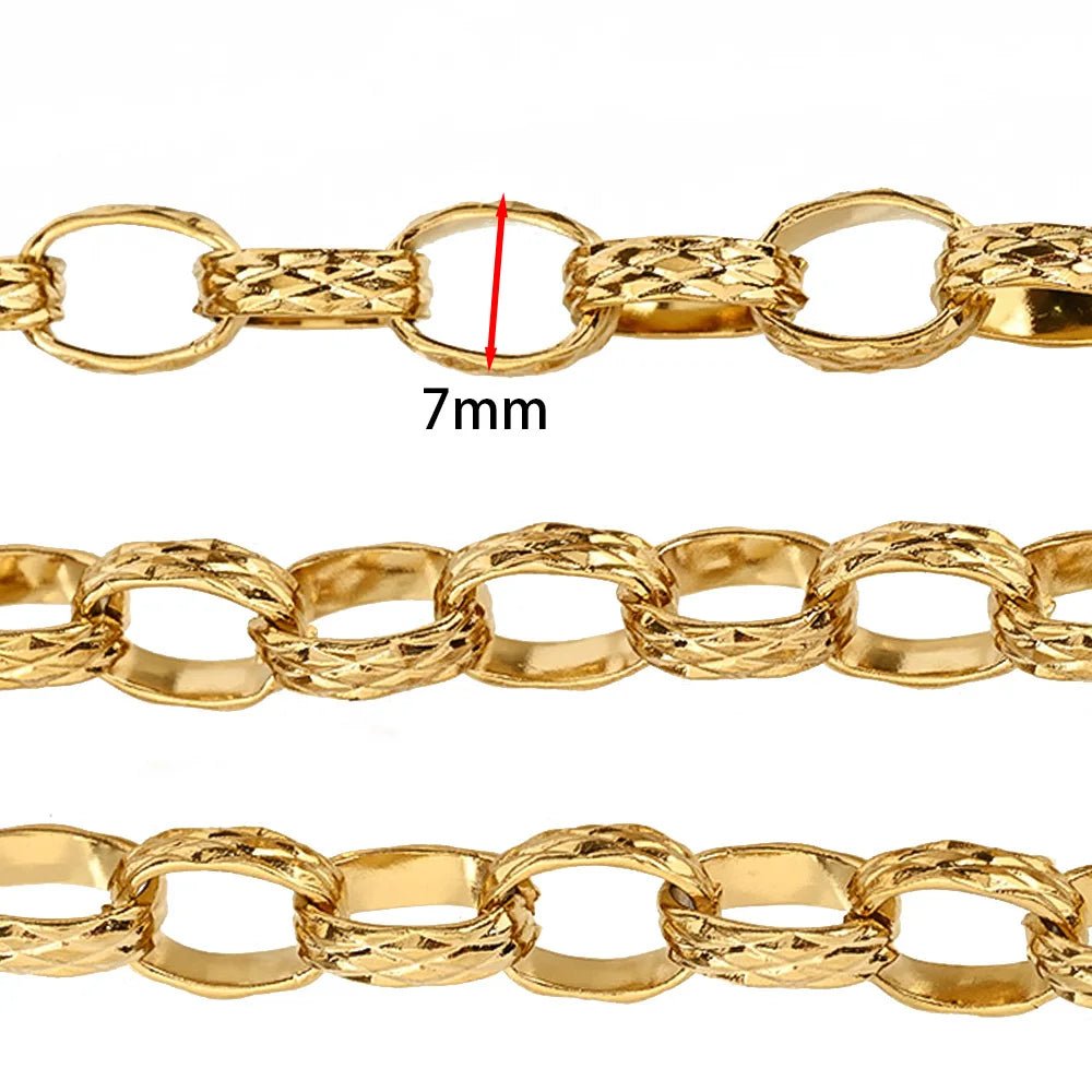 Vandfast Forgyldt Stål Kæde – Ovale Led med Diamant Mønster (7mm, 1 Meter) - Uniq Perler -