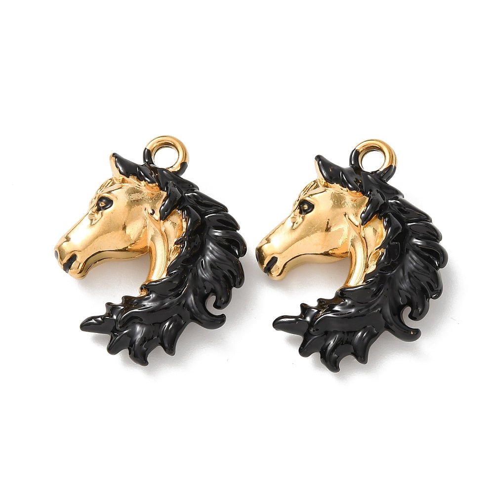 Water-resistant Horse Pendant – 18K Gold-plated, Black Enamel (25.5x20mm)
