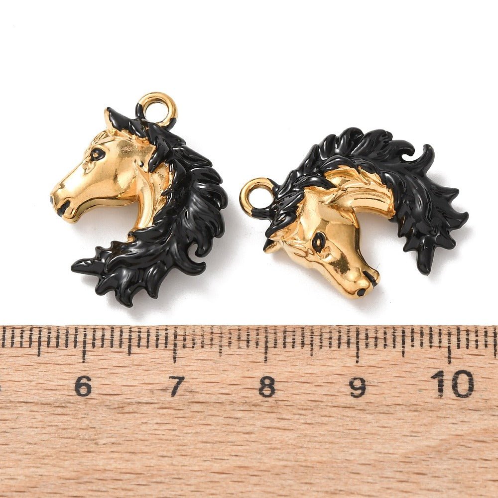 Water-resistant Horse Pendant – 18K Gold-plated, Black Enamel (25.5x20mm)