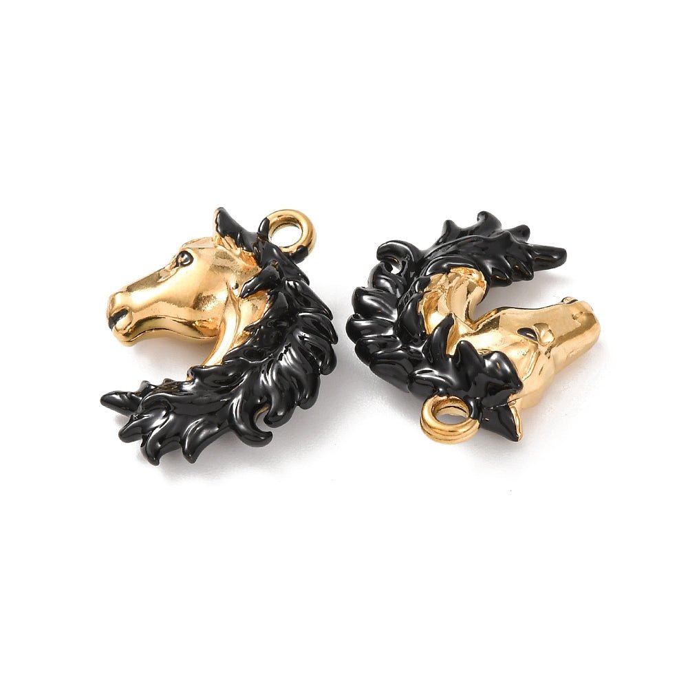 Water-resistant Horse Pendant – 18K Gold-plated, Black Enamel (25.5x20mm)