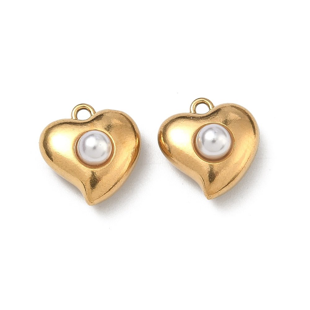 Vandfast Hjerte Vedhæng med Perle –18K Forgyldt Stål (12,5x12x7mm) 2 stk. - Uniq Perler - 119966