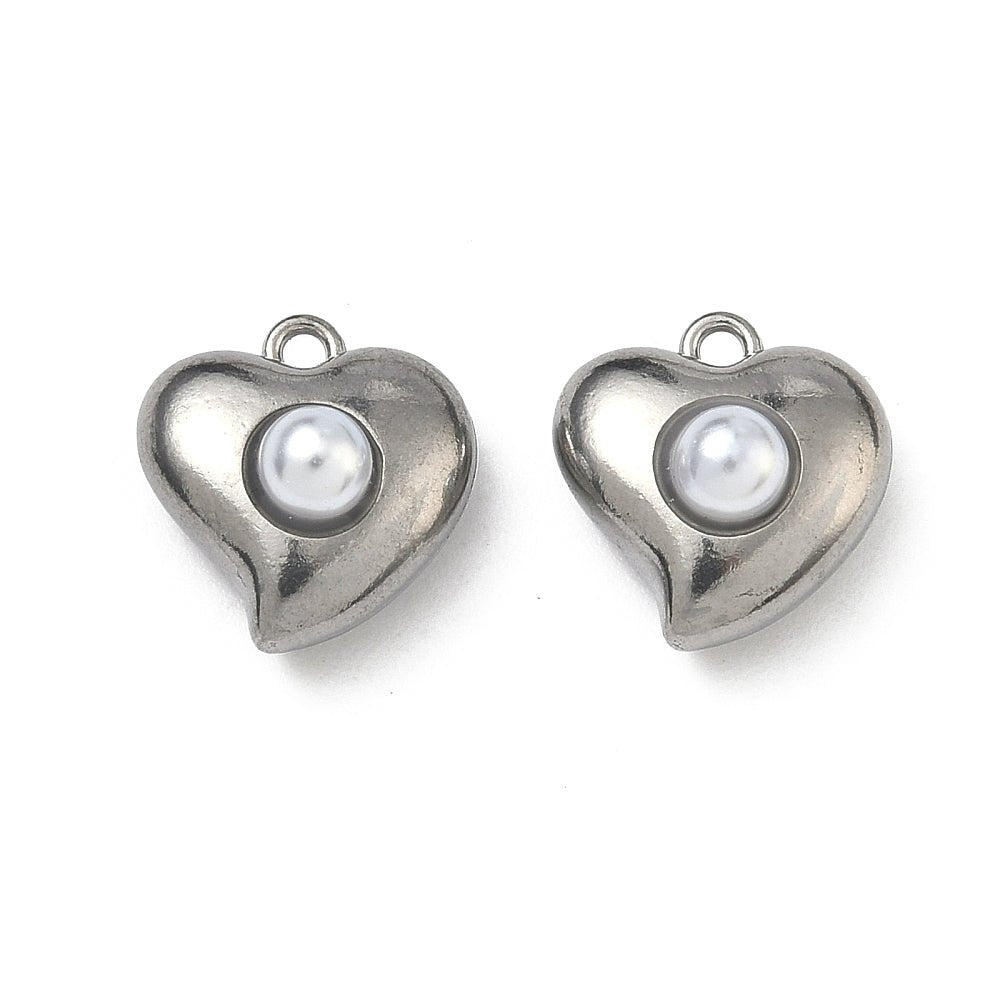 Vandfast Hjerte Vedhæng med Perle – Stål (12,5x12x7mm) 2 stk. - Uniq Perler - 119965