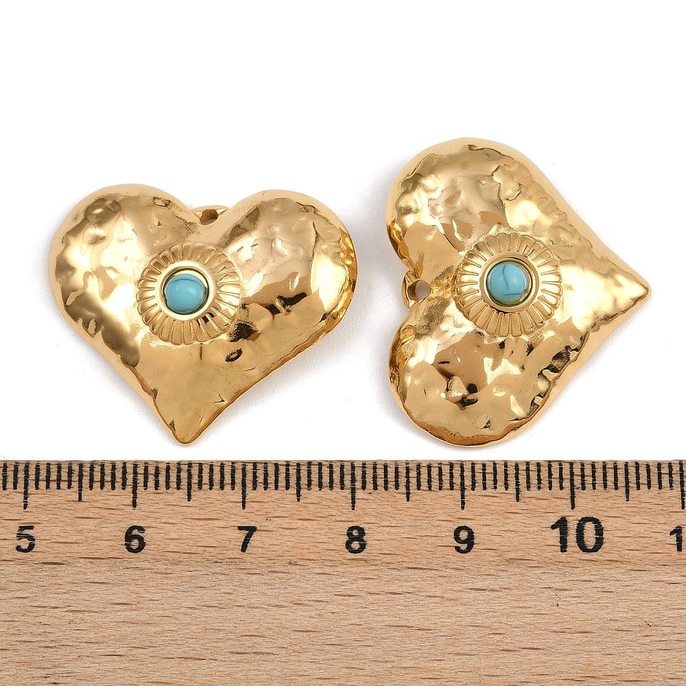 Vandfast Hjerte Vedhæng Med Turkis Perle – 18K Forgyldt Stål (29,5x24,5mm) - Uniq Perler - 116002