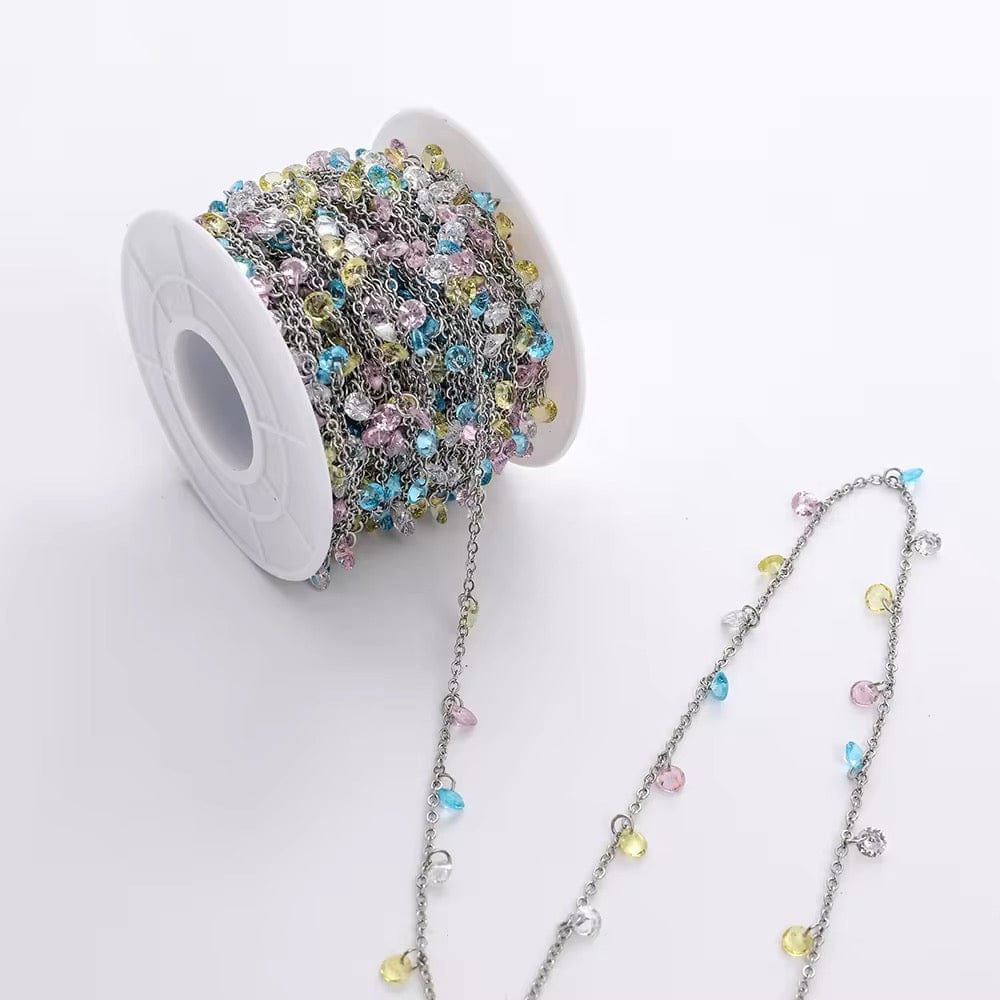 Vandfast Kæde Med Multifarvet Zirkonia, Stål, (1m) - Uniq Perler - 112164