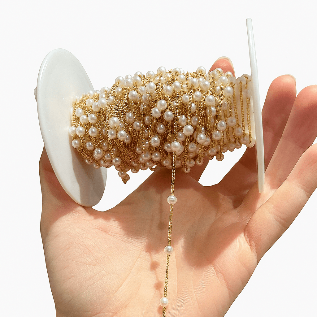 Vandfast Kæde Med Perler, Forgyldt Belægning, 1m - Uniq Perler - 112690