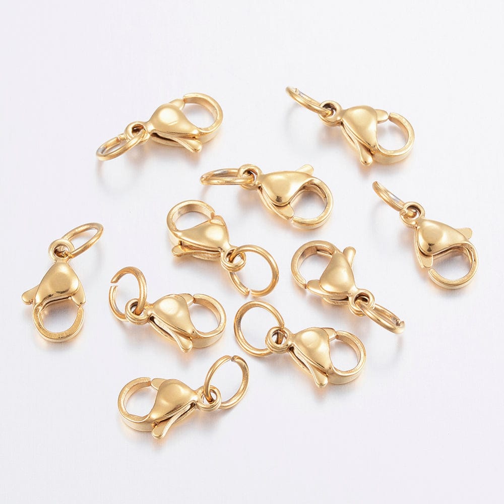 Vandfast Karabinlås Med Øsken - 18K Forgyldt Stål (10x7mm, 10 Stk) - Uniq Perler - 0000003526