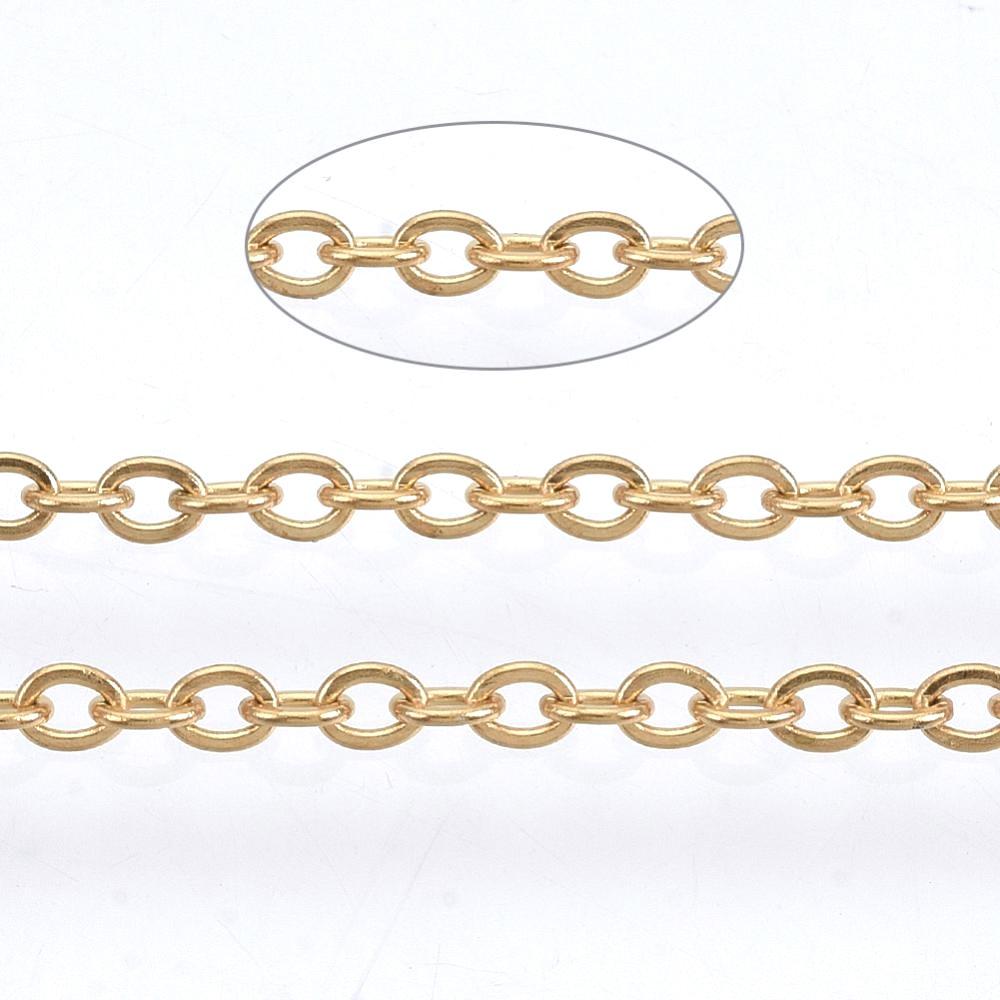 Vandfast Klassisk Kæde – Rustfrit Stål, 18K Forgyldt (3x2x0,5mm) 50m - Uniq Perler - 111443