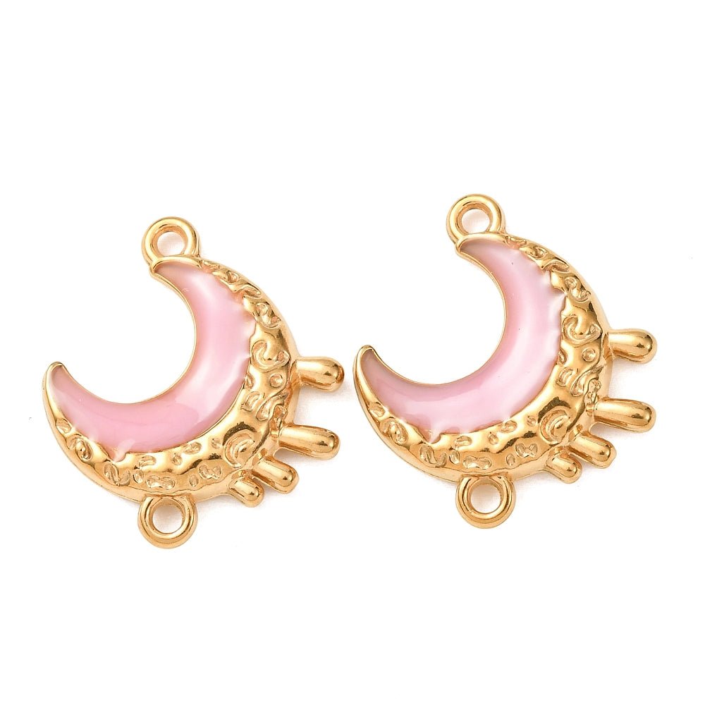 Vandfast Måne Mellemled – 18K Forgyldt Stål Med Pink Emalje (24x21,5x4mm) 2 stk. - Uniq Perler - 121452