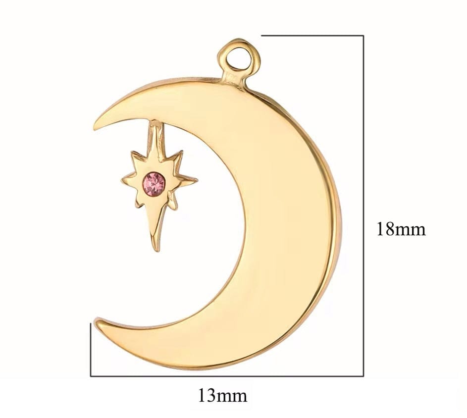 Vandfast Måne Vedhæng Med Rosa Zirkonia Sten, 18K Forgyldt Stål, 18x11x2mm - Uniq Perler - 2344323