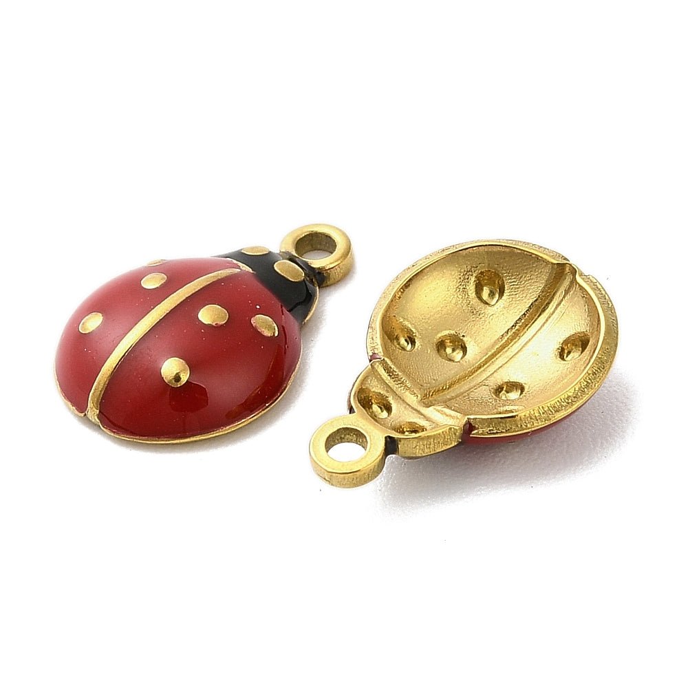 Water-resistant Ladybug Pendant – 18K Gold-plated, Red Enamel (12.5x8.5mm)