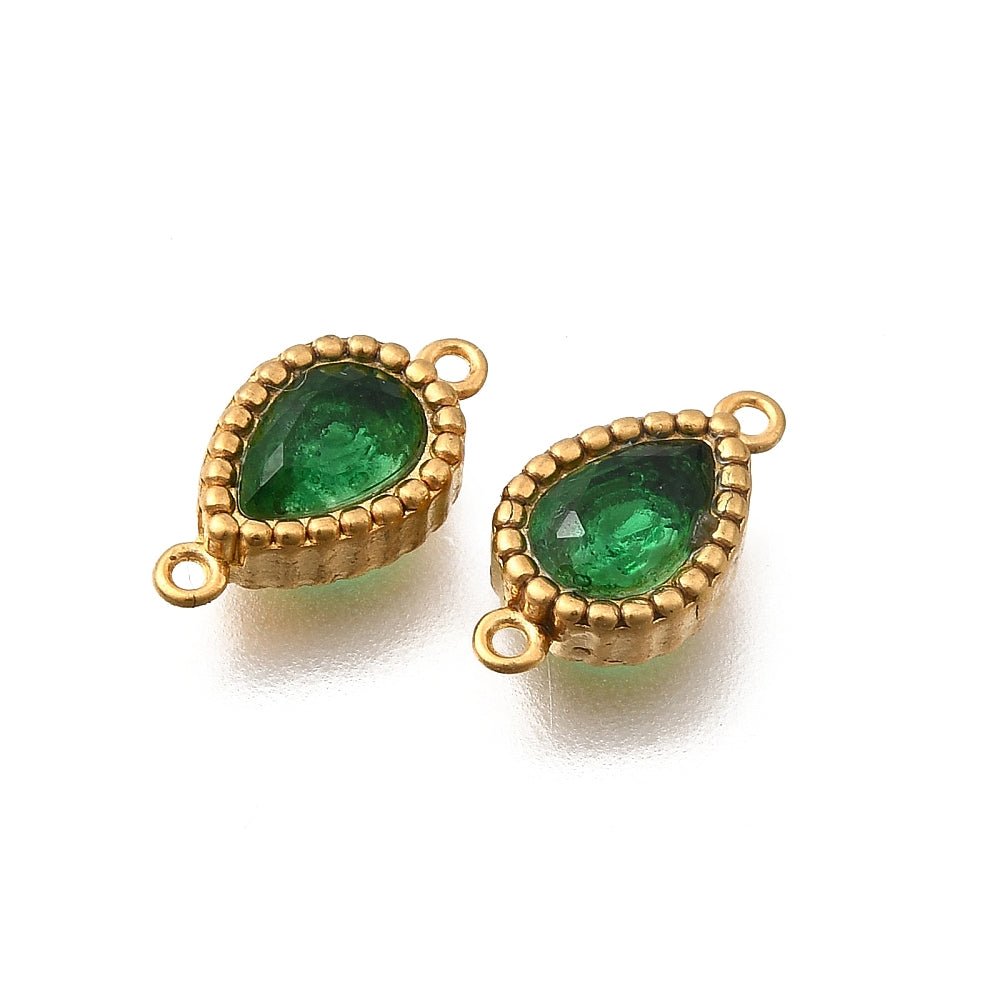 Vandfast Mellemled – Dråbeformet med Grøn Zirkonia, Forgyldt (12x6mm) 2 stk - Uniq Perler -