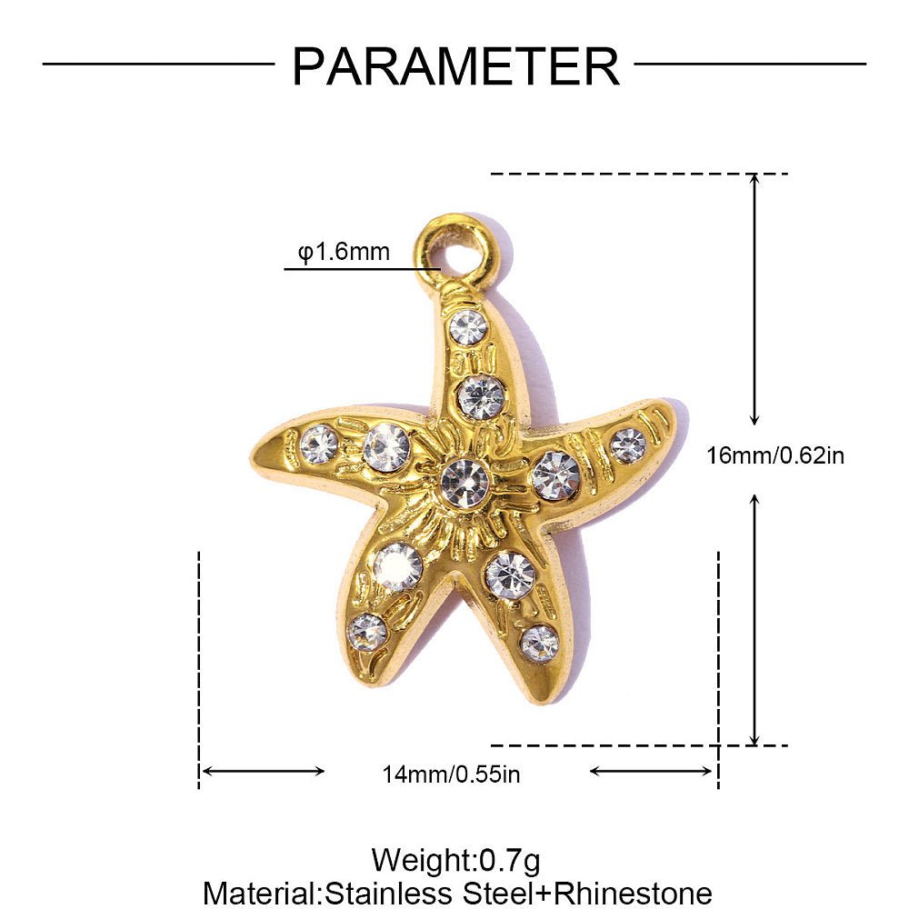 Vandfast Søstjerne Vedhæng Med Rhinsten – 18K Forgyldt Stål (16x14mm) - Uniq Perler - 120773