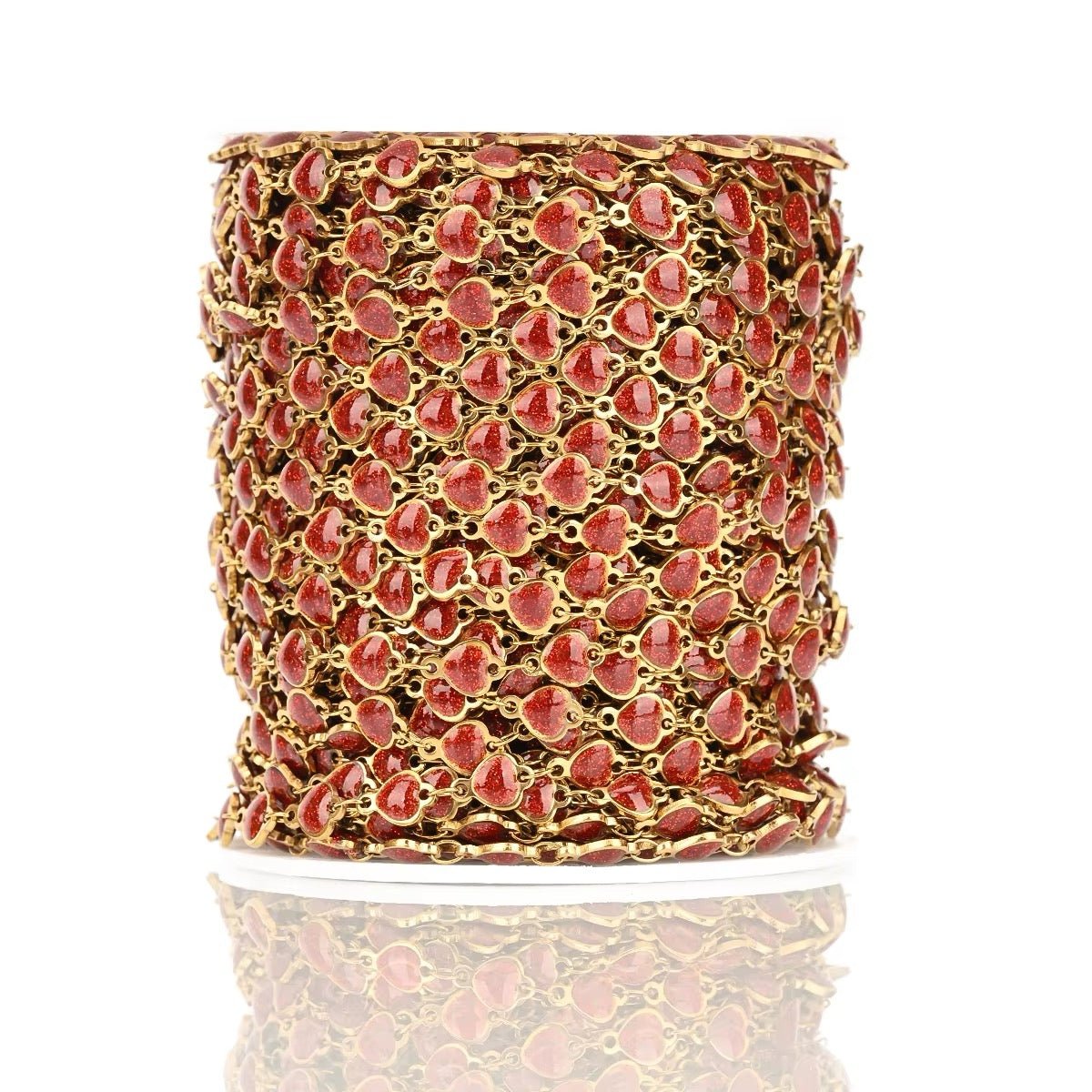 Vandfast Stål Kæde – Hjerteled med Rød Emalje (6mm, 1 Meter) - Uniq Perler -
