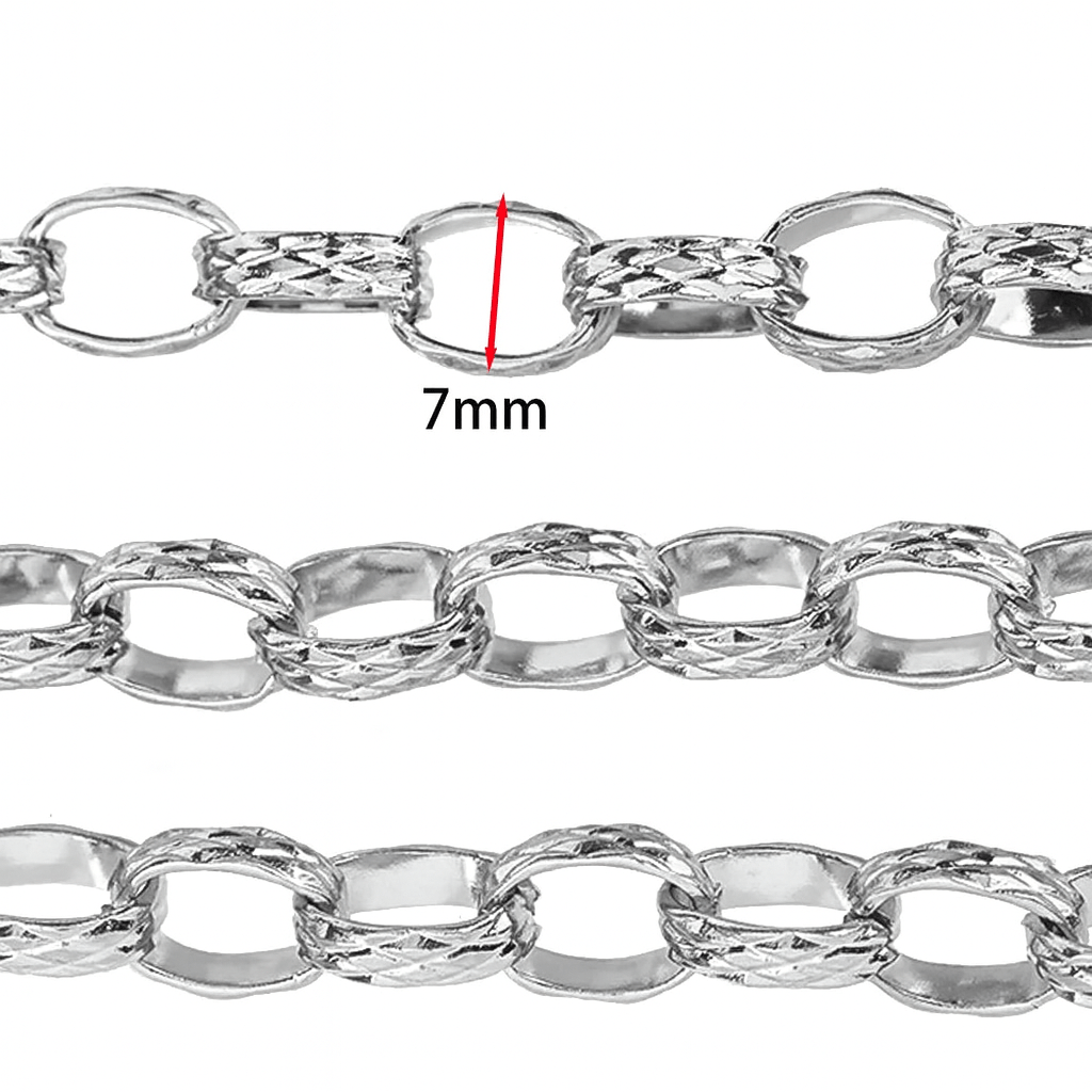 Vandfast Stål Kæde – Ovale Led med Diamant Mønster (7mm, 1 Meter) - Uniq Perler -