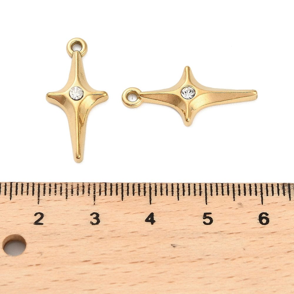 Vandfast Stjerne Vedhæng Med Rhinsten Sten, 18K Forgyldt Stål, 25x11,5mm - Uniq Perler - 898804