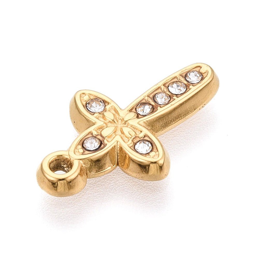 Vandfaste Kors Vedhæng – 18K Forgyldt Stål Med Rhinsten (16x9.5x2mm) - Uniq Perler - 118943