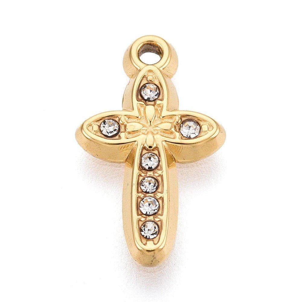 Vandfaste Kors Vedhæng – 18K Forgyldt Stål Med Rhinsten (16x9.5x2mm) - Uniq Perler - 118943