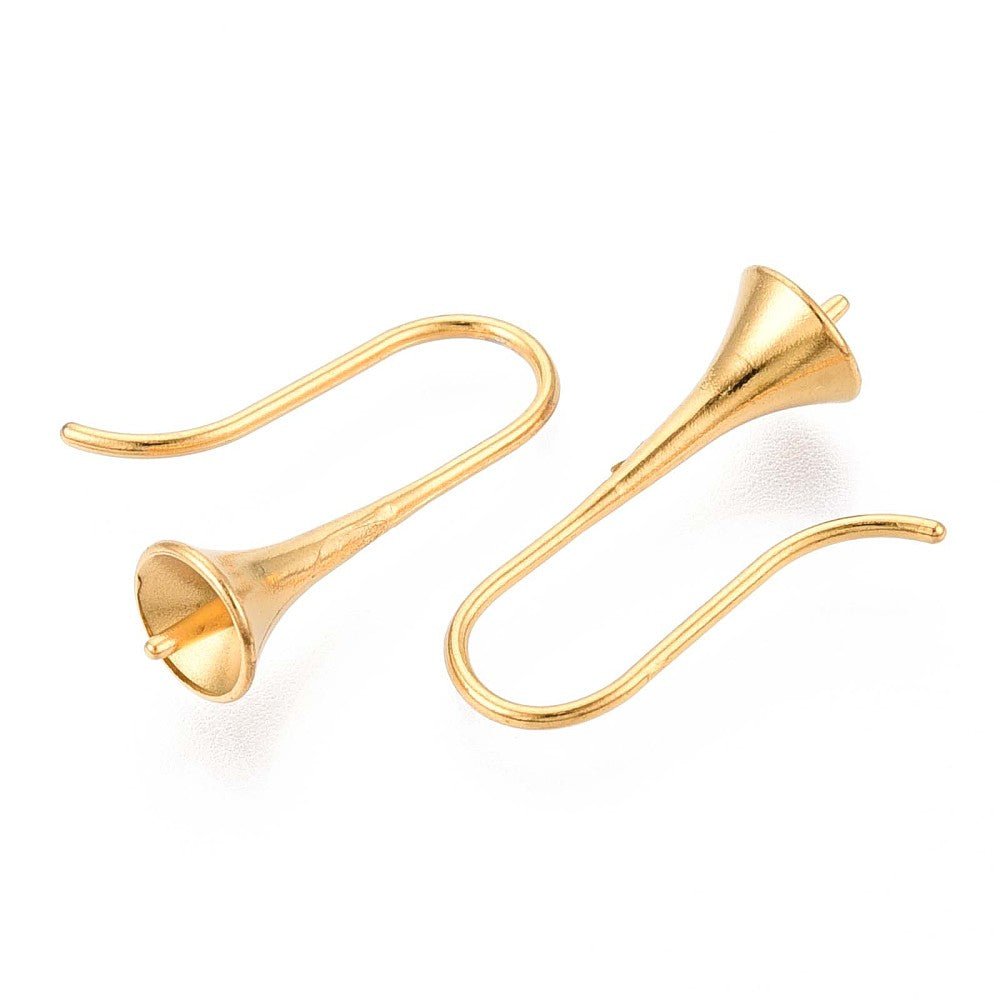 Water-resistant Ear Hooks to Half-Drilled Beads – Bell Shape, 18K Gold-plated Steel (23x6,5mm)
