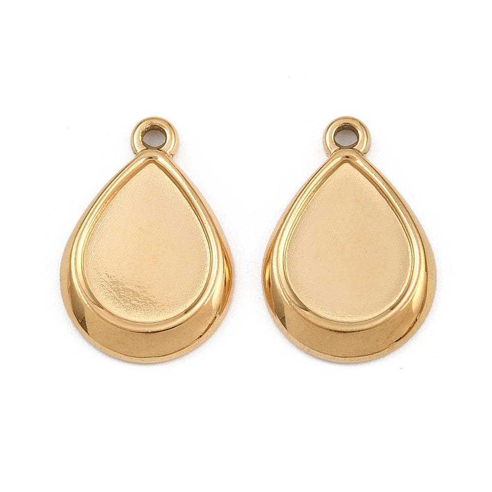 Vedhæng i Forgyldt Stål – Dråbe Cabochon Fatning, (13x18mm, 2 stk) - Uniq Perler - 116194