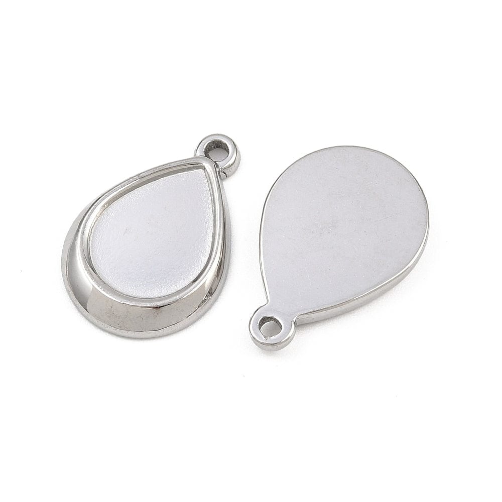 Vedhæng i Rustfrit Stål – Dråbe Cabochon Fatning, Sølvfarve (13x18mm, 2 stk) - Uniq Perler - 116193