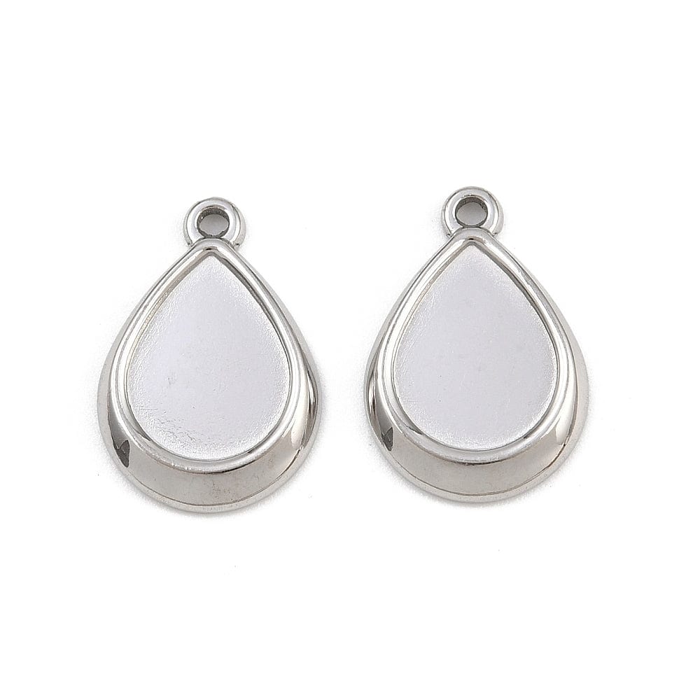 Vedhæng i Rustfrit Stål – Dråbe Cabochon Fatning, Sølvfarve (13x18mm, 2 stk) - Uniq Perler - 116193