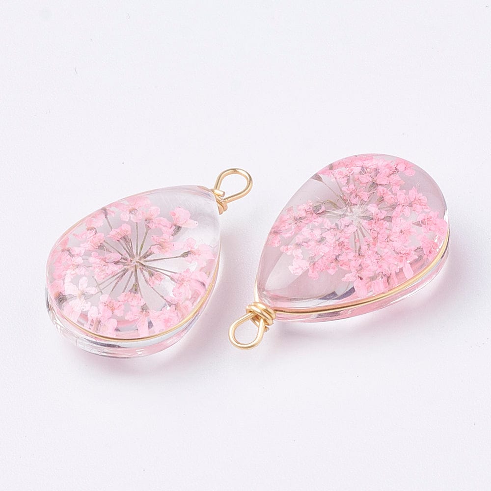 Vedhæng - Klar Dråbe Med Pink Blomst (22x13mm) - Uniq Perler - 115240