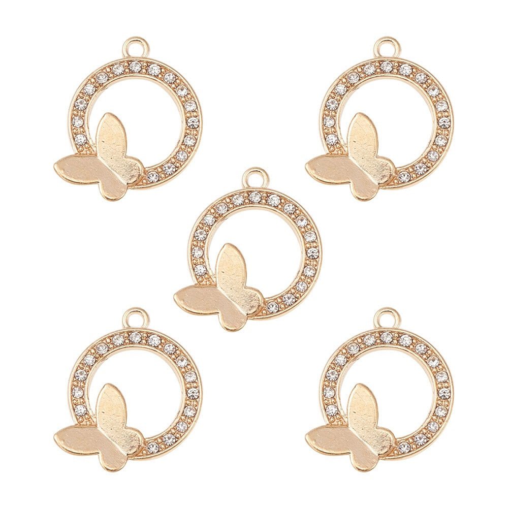 Vedhæng med Sommerfugl og Rhinsten – Gylden (23,5mm) - Uniq Perler -