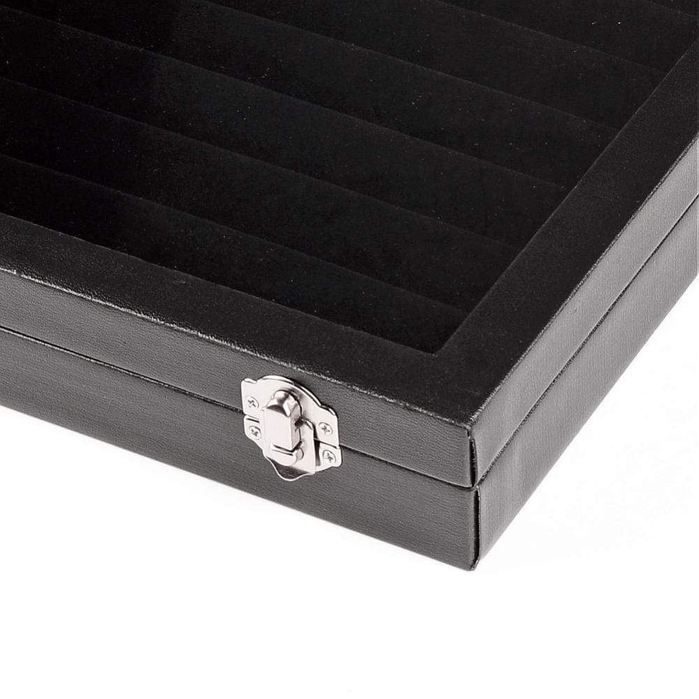 Display Til Ringe Og Ørestikkere Med Glas Låg – Sort Imiteret Læder - Uniq Perler - 309842