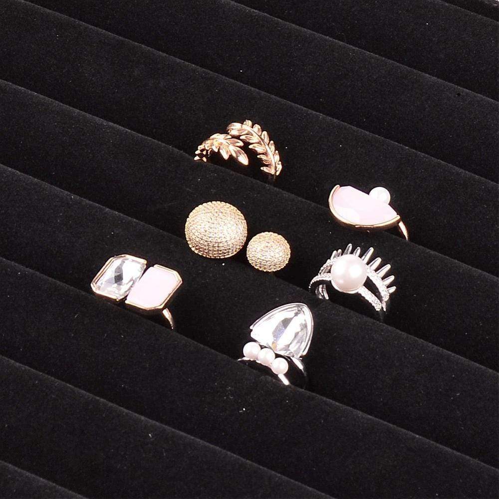 Display Til Ringe Og Ørestikkere Med Glas Låg – Sort Imiteret Læder - Uniq Perler - 309842