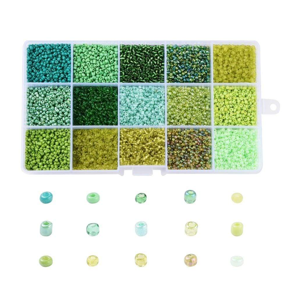 DIY Kasse Med 15 Farver Seed Beads - Grøn Mix (2mm) - Uniq Perler - 024837271838