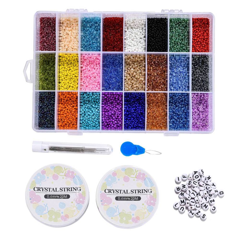 DIY Smykkesæt – 24 Farver Seed Beads, Bogstavperler & Elastik - Uniq Perler - 0000013469