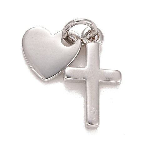 2 - Delt Kors Og Hjerte Vedhæng, Platin Farvet, 15x8mm - Uniq Perler - 112248