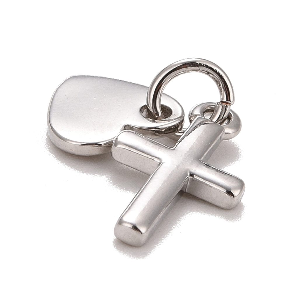 2 - Delt Kors Og Hjerte Vedhæng, Platin Farvet, 15x8mm - Uniq Perler - 112248