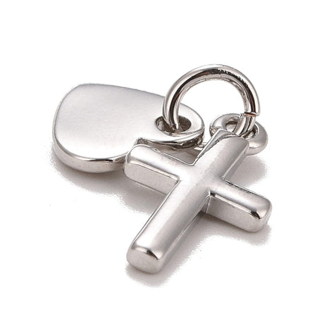 2 - Delt Kors Og Hjerte Vedhæng, Platin Farvet, 15x8mm - Uniq Perler - 112248