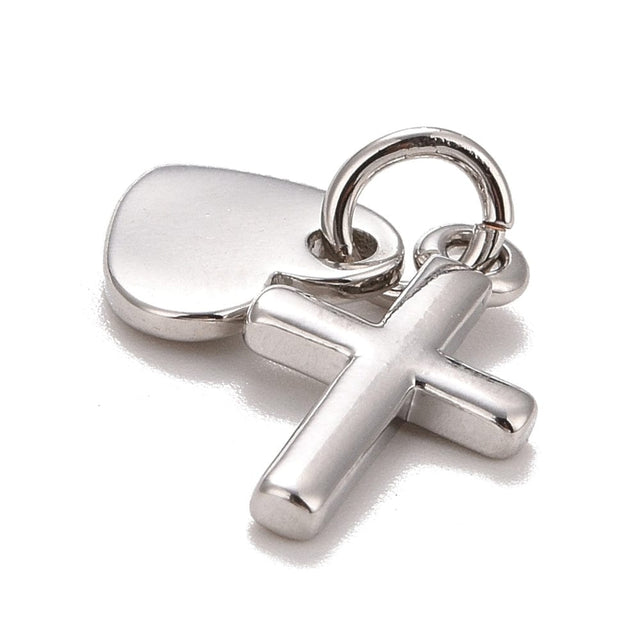 2 - Delt Kors Og Hjerte Vedhæng, Platin Farvet, 15x8mm - Uniq Perler - 112248