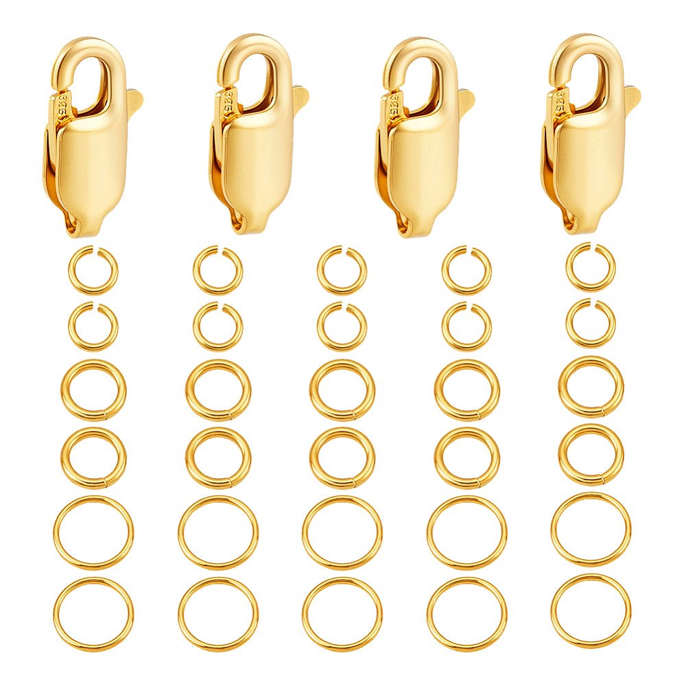 925 Sterling Sølv Åbne øskner & Karabinlåse – 18K Guldbelagt (3 størrelser, 30 ringe + 4 låse, pr. sæt) - Uniq Perler - 