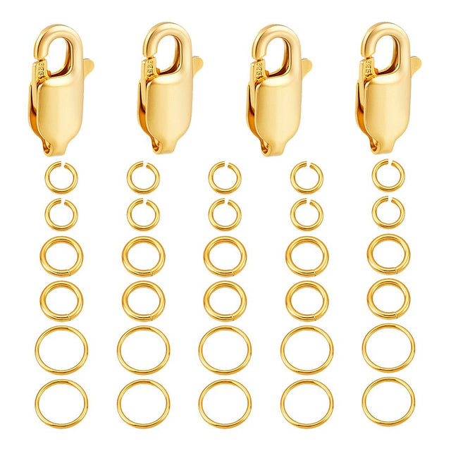 925 Sterling Sølv Åbne øskner & Karabinlåse – 18K Guldbelagt (3 størrelser, 30 ringe + 4 låse, pr. sæt) - Uniq Perler - 