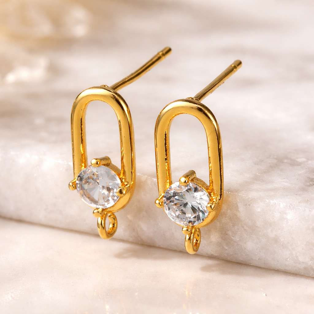 Ear studs With Zirconia Stones, 18K Long-Lasting Gold Plated (14x6mm) 