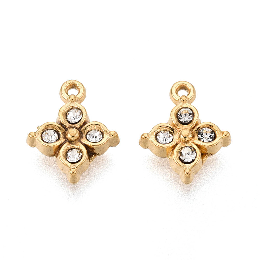 Vandfast Blomst Vedhæng Med Rhinsten – 18K Forgyldt Stål (10.5x8.5mm, 2 stk)