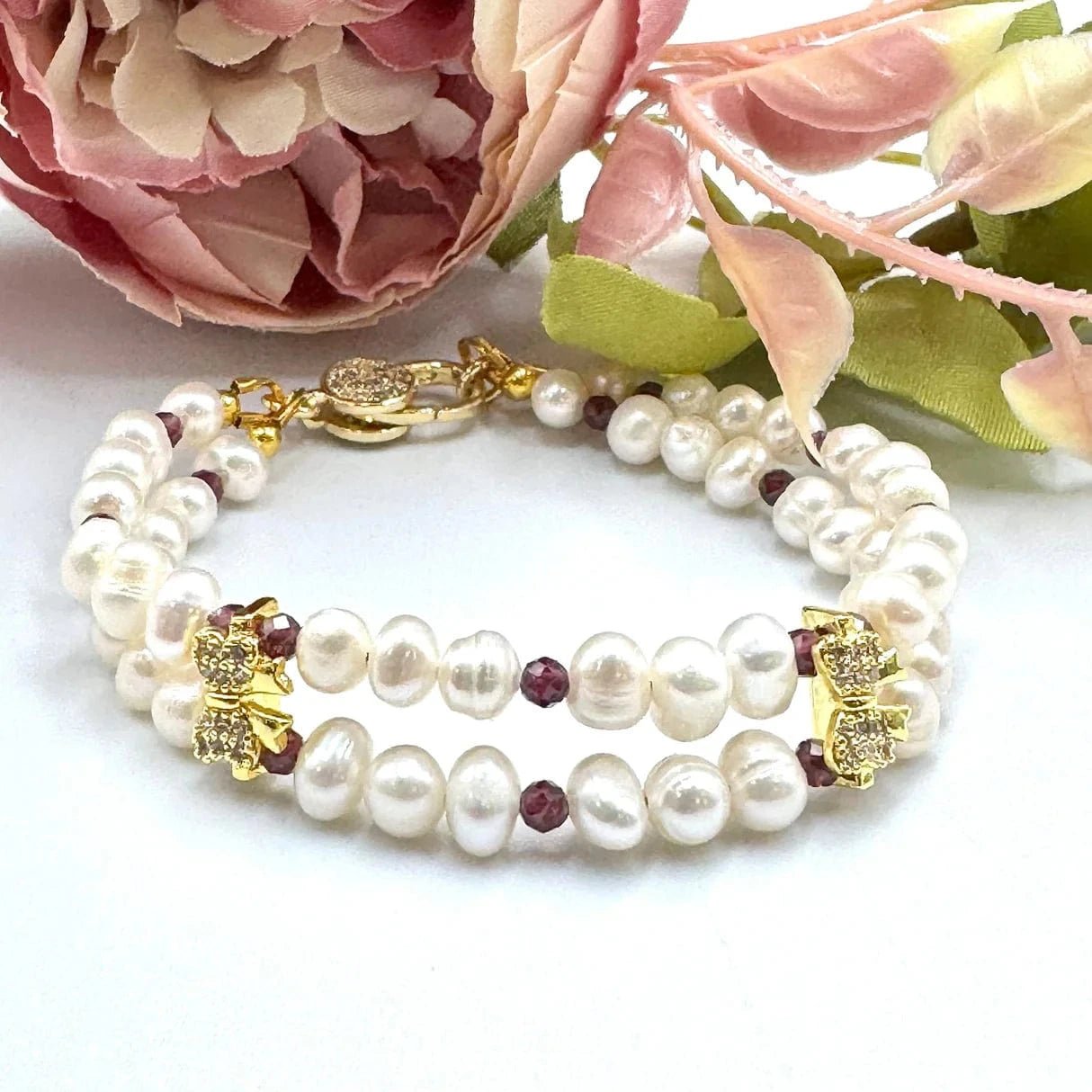 Armbånd Med Ferskvandsperler Og Granat Perler - (16cm) - Uniq Perler - 115154