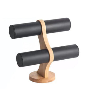 Wristband display in PU Leather – 2 - T Bar with Wooden Base, Black (230x230mm) - Uniq Perler - 