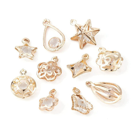 Assorteret Vedhæng Med Klare Rhinsten, Forgyldt, 100 stk. - Uniq Perler - 113857